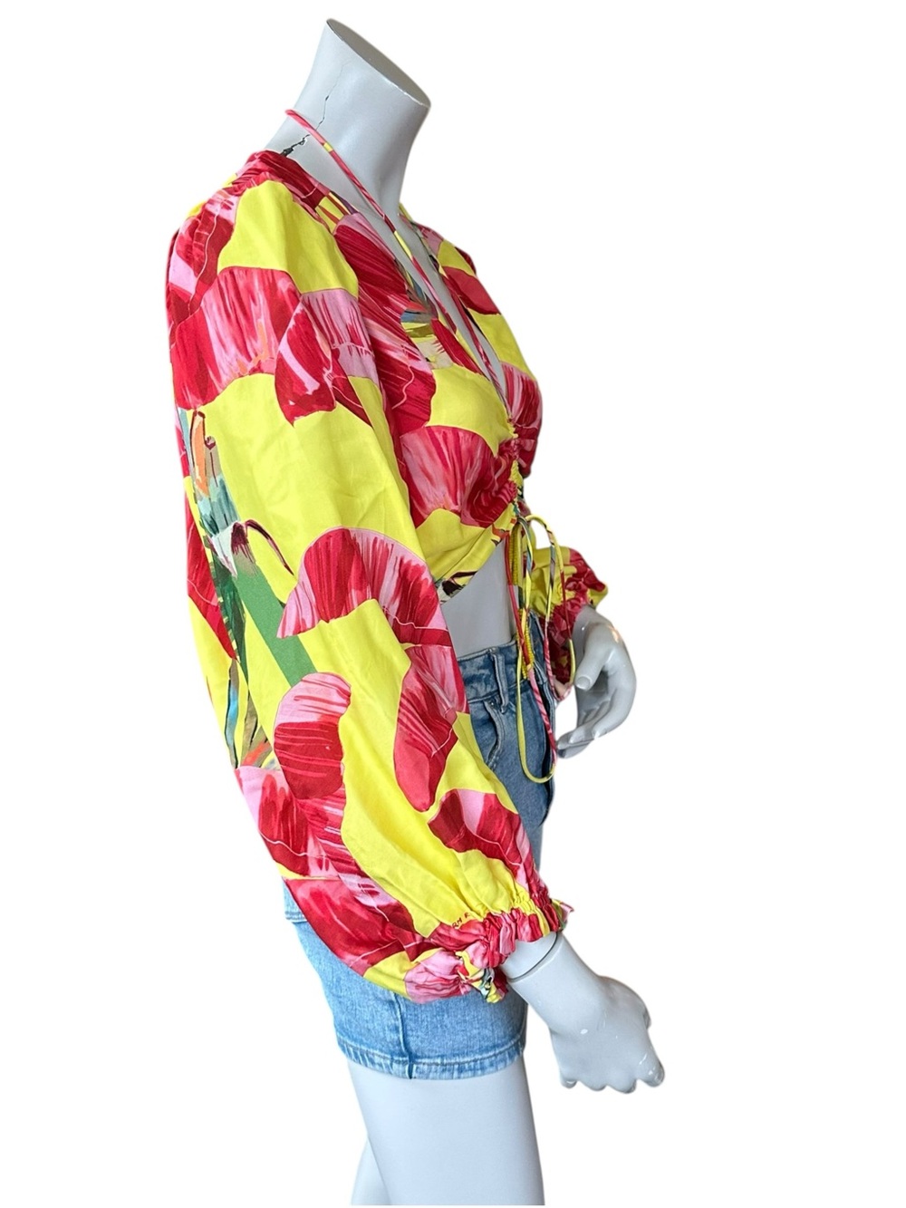 Farm Rio Yellow Floral Tropical Print Sweet Jungle Puff Long Sleeve Crop Top Med - Picture 6 of 9
